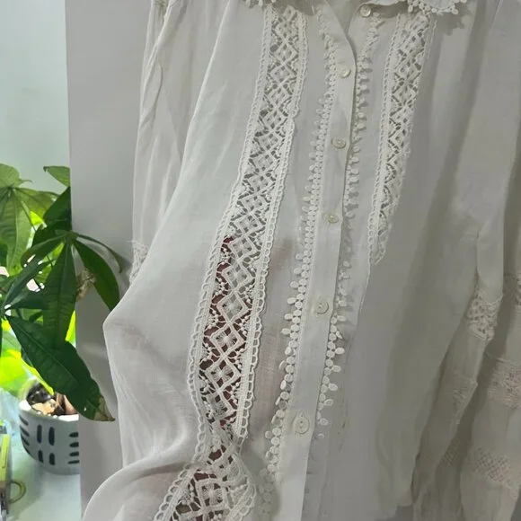 By Anthropologie Cream White Eyelet Cutout Button Up Top Size XL - Picture 5 of 7